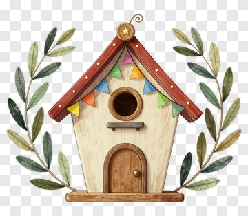 Colorful Birdhouse Surrounded By Green Leaves PNG