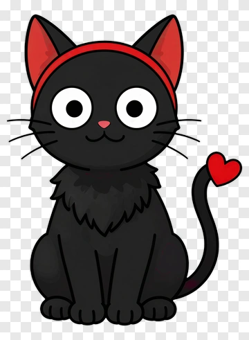 Cartoon Black Cat With Red Headband And Heart Tail PNG