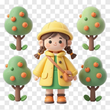 3D Girl Standing Among Orange Trees PNG