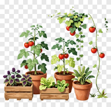 Vegetable Garden With Tomato And Leafy Plants PNG