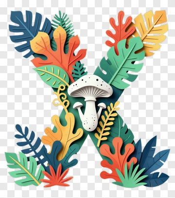 Colorful Paper Cut X With Tropical Leaves And Mushroom PNG