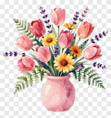 Watercolor Flower Bouquet In A Pink Vase PNG