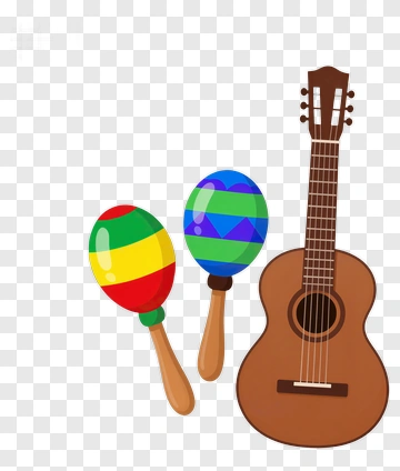 Colorful Musical Instruments With Maracas And Guitar PNG