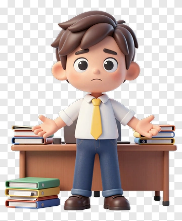 Cartoon Student Looking Confused At A Desk Full Of Books PNG