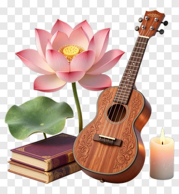 Lotus Flower And Ukulele With Books And Candle PNG