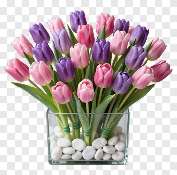 Colorful Tulip Bouquet In Glass Vase PNG