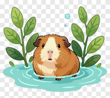 Cute Guinea Pig In Water Surrounded By Leaves PNG