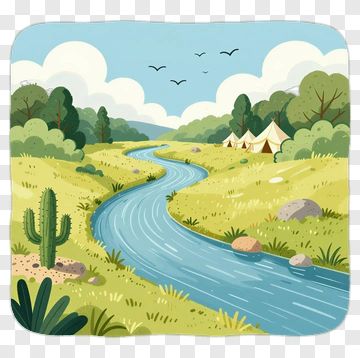 Scenic River Landscape With Tents And Cacti PNG