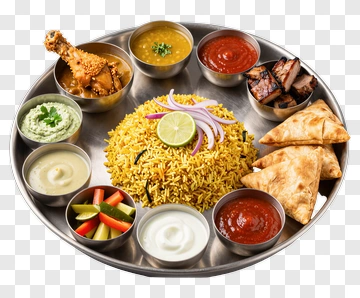 Delicious Indian Cuisine Platter With Rice And Samosas PNG