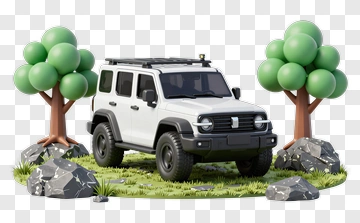 3D White Suv Surrounded By Trees And Rocks PNG