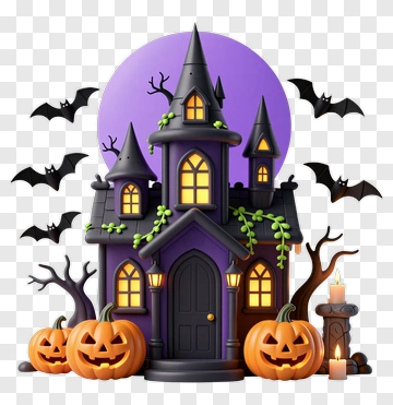 Halloween Haunted House With Pumpkins And Bats PNG