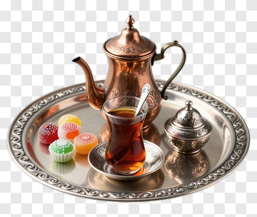 Copper Tea Pot With Glass And Colorful Sweets PNG