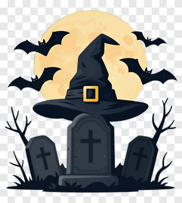 Halloween Scene With Witch Hat And Gravestones PNG