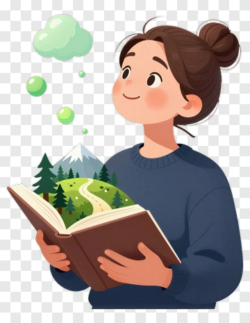 Girl Holding A Book With A Scenic Landscape PNG