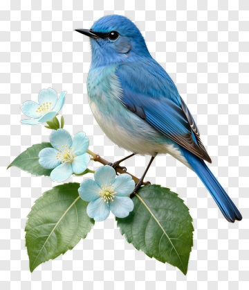 Blue Bird Perched On A Flowering Branch PNG