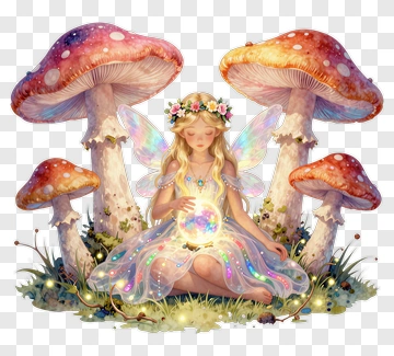 Fairy Sitting Among Colorful Mushrooms PNG
