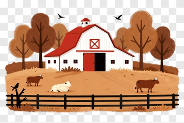 Farm Scene With Barn And Animals PNG