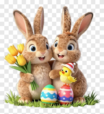 Happy Rabbits Holding Easter Eggs And Flowers PNG