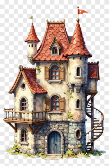 Fairy Tale Castle With Red Roof And Spiral Staircase PNG