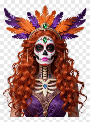 Colorful Sugar Skull Woman With Feather Headdress PNG