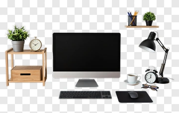 Modern Home Office Setup With Computer And Desk Accessories PNG