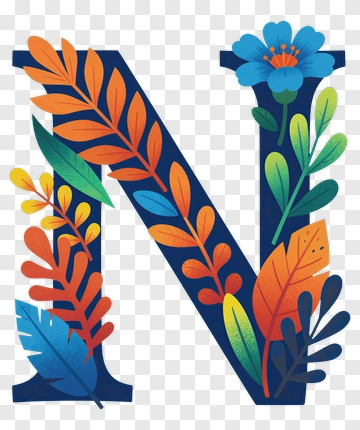 Colorful Letter N With Leaves And Flowers PNG