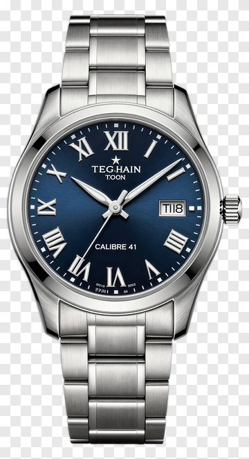 Silver Watch With Blue Dial And Roman Numerals PNG