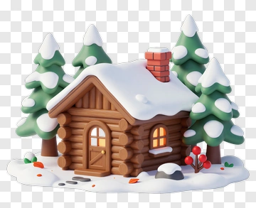 3D Winter Cabin Surrounded By Snowy Trees PNG