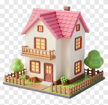 3D House With Garden And Fence PNG