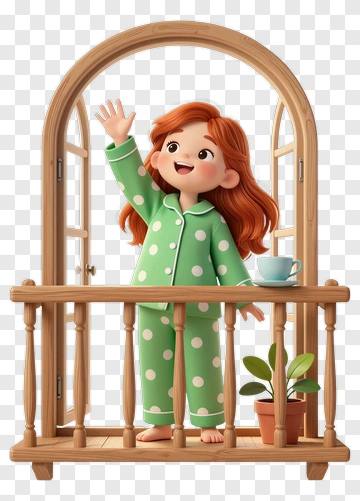 Cartoon Girl Waving From A Balcony PNG