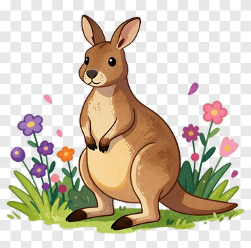 Cartoon Kangaroo Standing Among Flowers PNG
