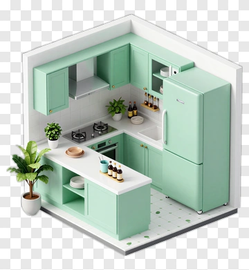 Modern Kitchen With Mint Green Cabinets PNG