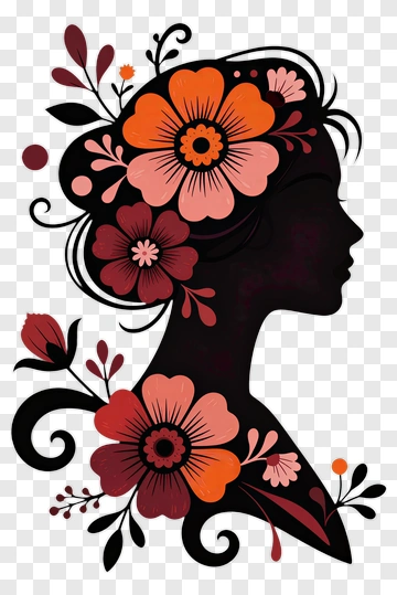 Silhouette Woman With Floral Design PNG