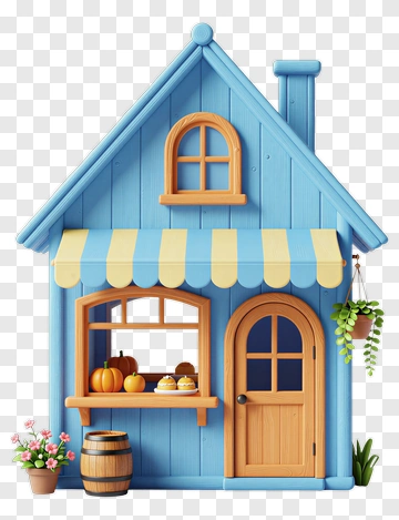 Colorful Bakery House With Pumpkin And Flower Pots PNG