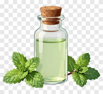 Glass Bottle Of Mint Oil With Fresh Mint Leaves PNG