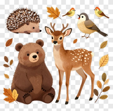 Cartoon Forest Animals With Autumn Leaves PNG