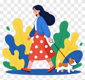Woman Walking A Dog In A Colorful Garden PNG