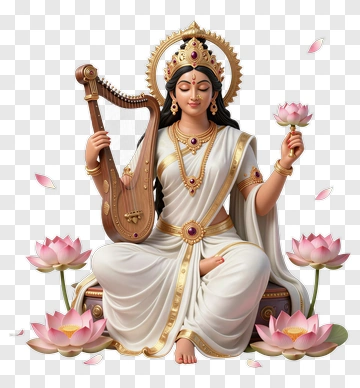 Goddess Holding A Veena Surrounded By Lotus Flowers PNG
