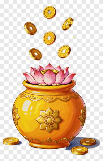 Golden Pot With Lotus And Coins PNG