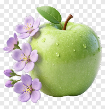 Green Apple With Purple Flowers PNG