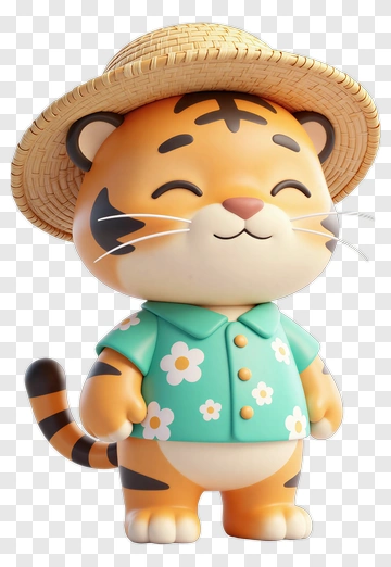 Cartoon Tiger Wearing A Straw Hat PNG