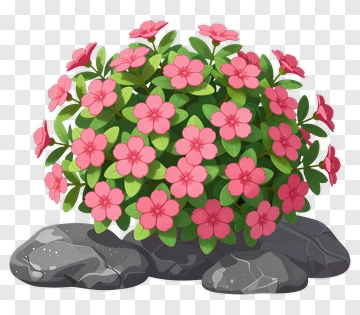 Colorful Flowering Bush With Rocks PNG