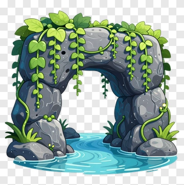 Cartoon Rock Archway With Vines And Water PNG