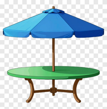 Cartoon Table With Blue Umbrella PNG