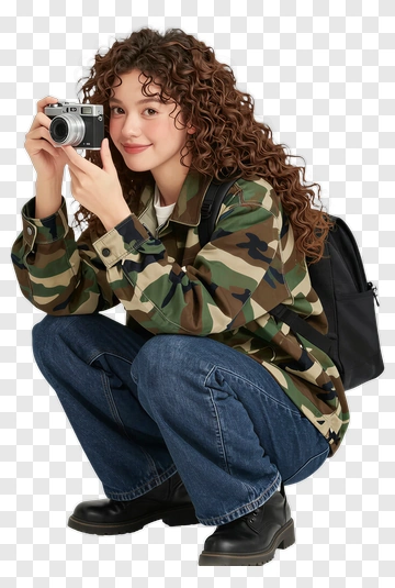 Young Woman Squatting With A Camera PNG
