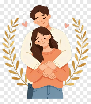 Happy Couple Embracing With Floral Elements PNG