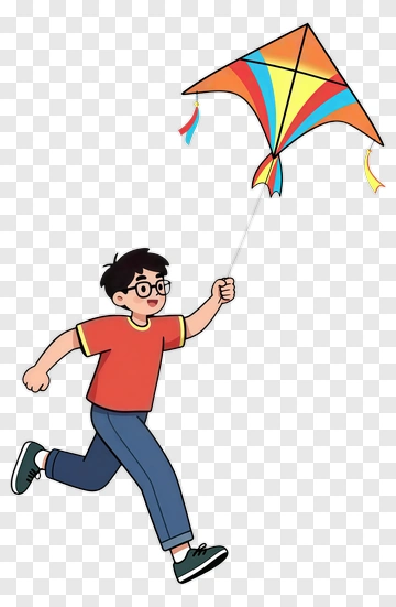 Boy Running With A Colorful Kite PNG