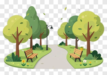 Cartoon Park Scene With Benches And Trees PNG