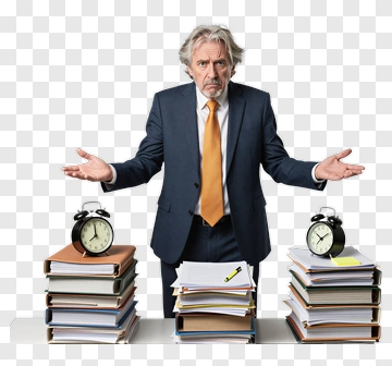 Businessman Confused Between Two Clocks And Stacks Of Papers PNG