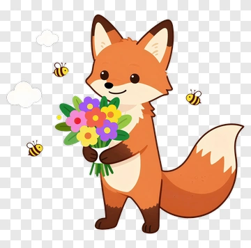 Cartoon Fox Holding A Bouquet Of Flowers PNG
